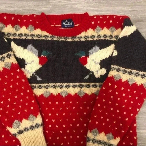 Woolrich Vintage Nordic Bird Fair Isle Wool Sweater Red Cream Pullover Sz S - Picture 3 of 7